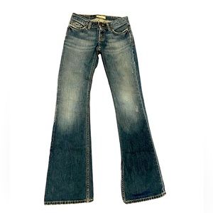 BKE Denim star 20 denim flare jeans. Distressed with embroidery on pockets.
